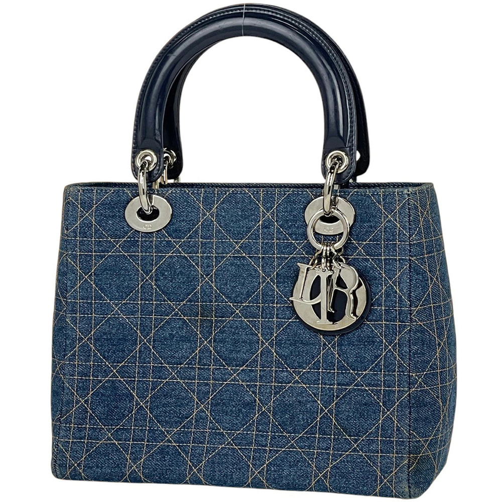 Christian Dior Lady Shoulder Bag Cannage Handbag Denim Blue